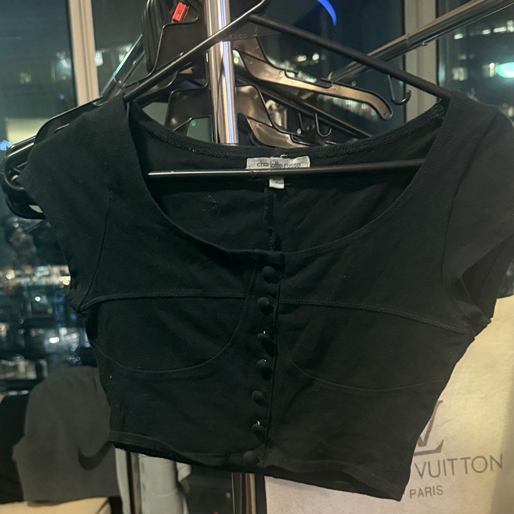 Charlotte Russe Black Button-Up Scoop Neck Crop Top
